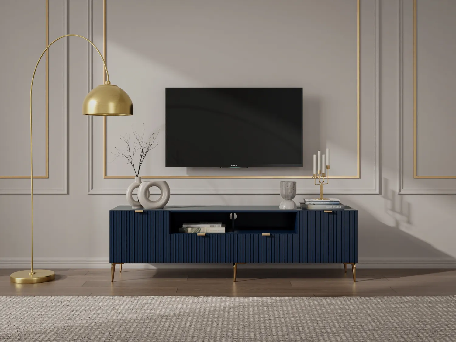 Mueble TV con 2 puertas, 2 cajones y 2 estantes de MDF y acero - Azul y dorado - YESINIA