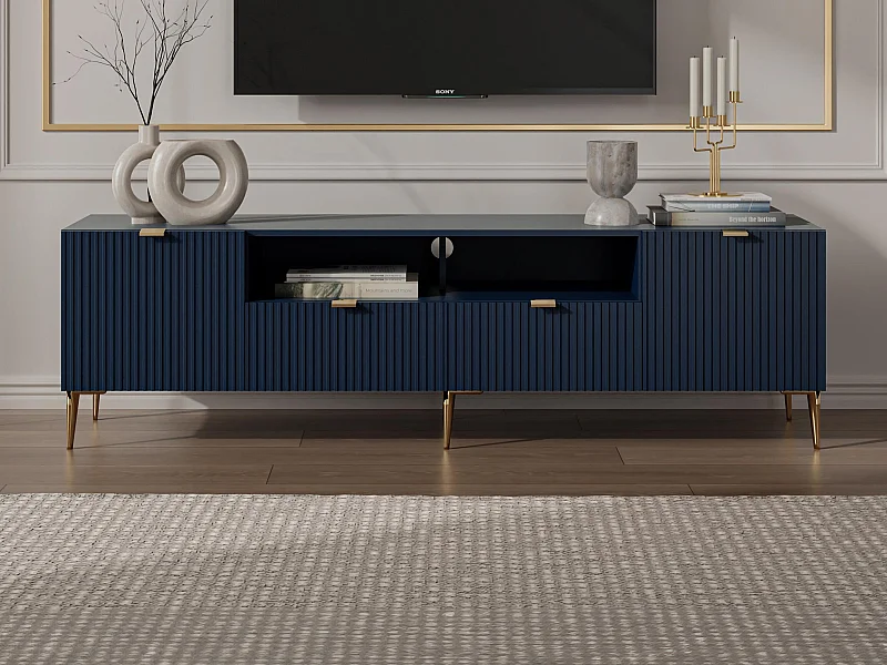 Meuble TV avec 2 portes, 2 tiroirs et 2 niches en MDF et acier - Bleu et doré - YESINIA