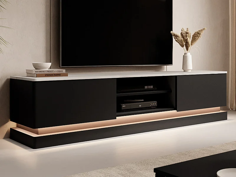 Tv-meubel met 2 lades en 2 nissen met ledverlichting van mdf - Zwart met wit marmereffect - DEVIKA - van Pascal Morabito