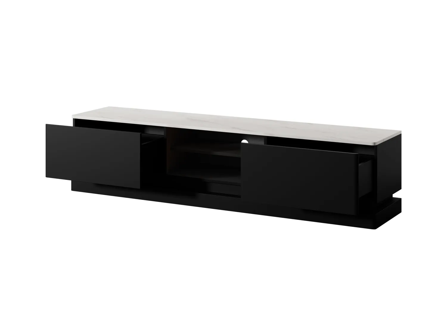 Meuble TV 2 tiroirs et 2 niches avec LEDs en MDF - Noir et effet marbre blanc - DEVIKA de Pascal MORABITO