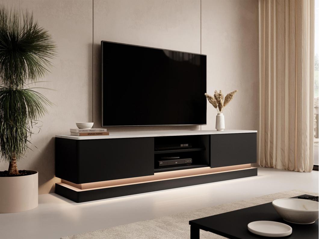 Meuble TV 2 tiroirs et 2 niches avec LEDs en MDF - Noir et effet marbre blanc - DEVIKA de Pascal MORABITO