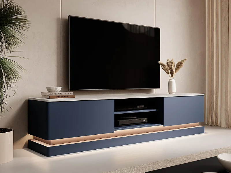 Mobile TV 2 cassetti e 2 nicchie con LED MDF Blu effetto marmo Bianco - DEVIKA di Pascal MORABITO