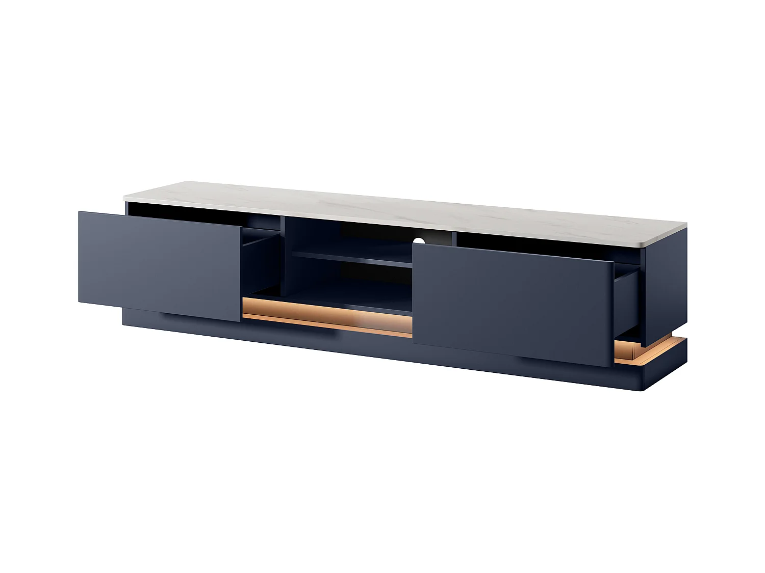 Meuble TV 2 tiroirs et 2 niches avec LEDs en MDF - Bleu et effet marbre blanc - DEVIKA de Pascal MORABITO