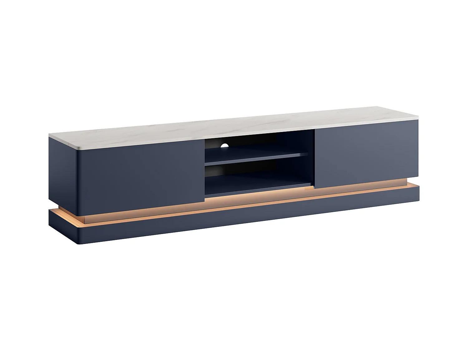 Meuble TV 2 tiroirs et 2 niches avec LEDs en MDF - Bleu et effet marbre blanc - DEVIKA de Pascal MORABITO