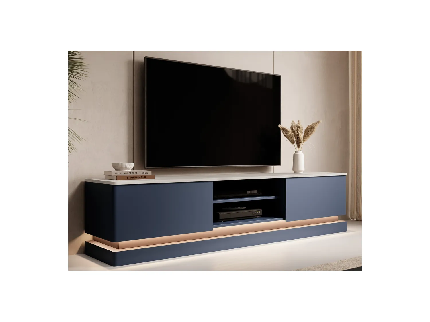 Tv-meubel met 2 lades en 2 nissen met ledverlichting - Mdf - Blauw met wit marmereffect - DEVIKA - van Pascal Morabito