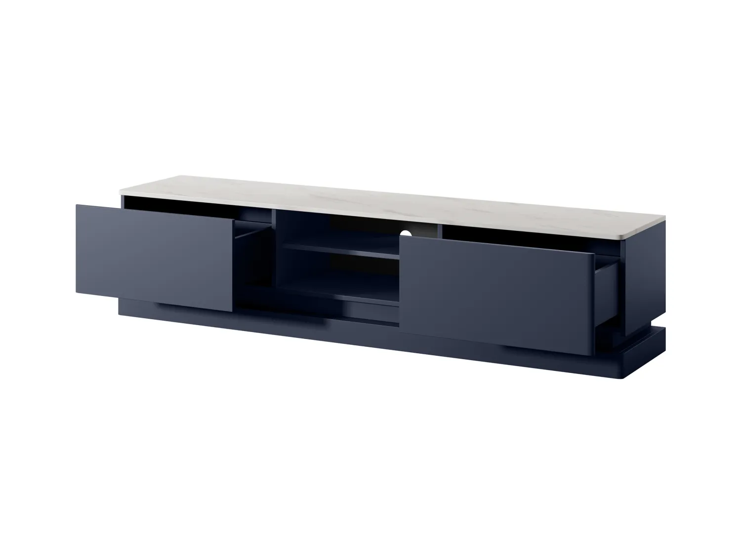 Meuble TV 2 tiroirs et 2 niches avec LEDs en MDF - Bleu et effet marbre blanc - DEVIKA de Pascal MORABITO