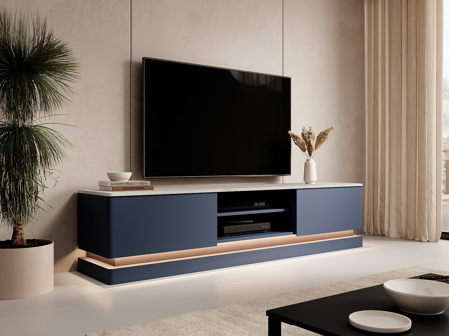 Vente-unique Tv-Möbel Mit 2 Schubladen & 2 Ablagefächer + Led-Beleuchtung - Mdf - Blau & Marmor-Optik Weiß - Devika Von Pascal Morabito