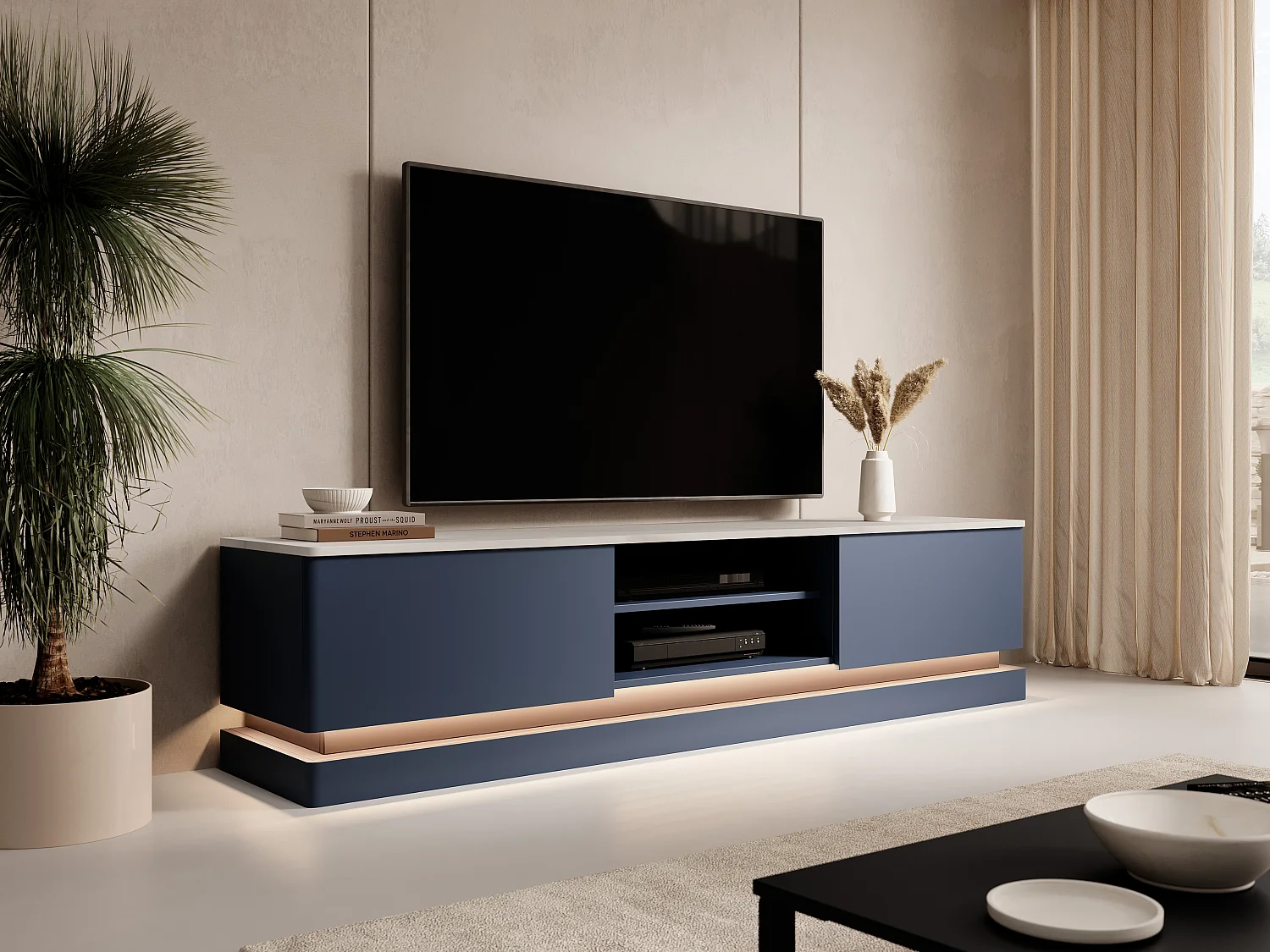 TV-möbel med förvaring i blå MDF och vit marmoreffekt med LED-belysning DEVIKA från Pascal MORABITO