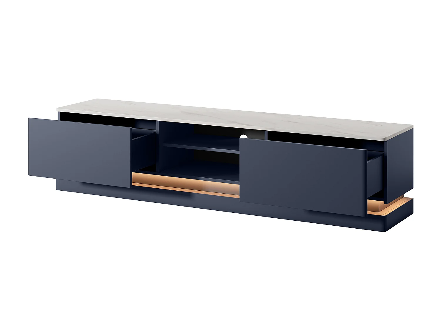 TV-möbel med förvaring i blå MDF och vit marmoreffekt med LED-belysning DEVIKA från Pascal MORABITO