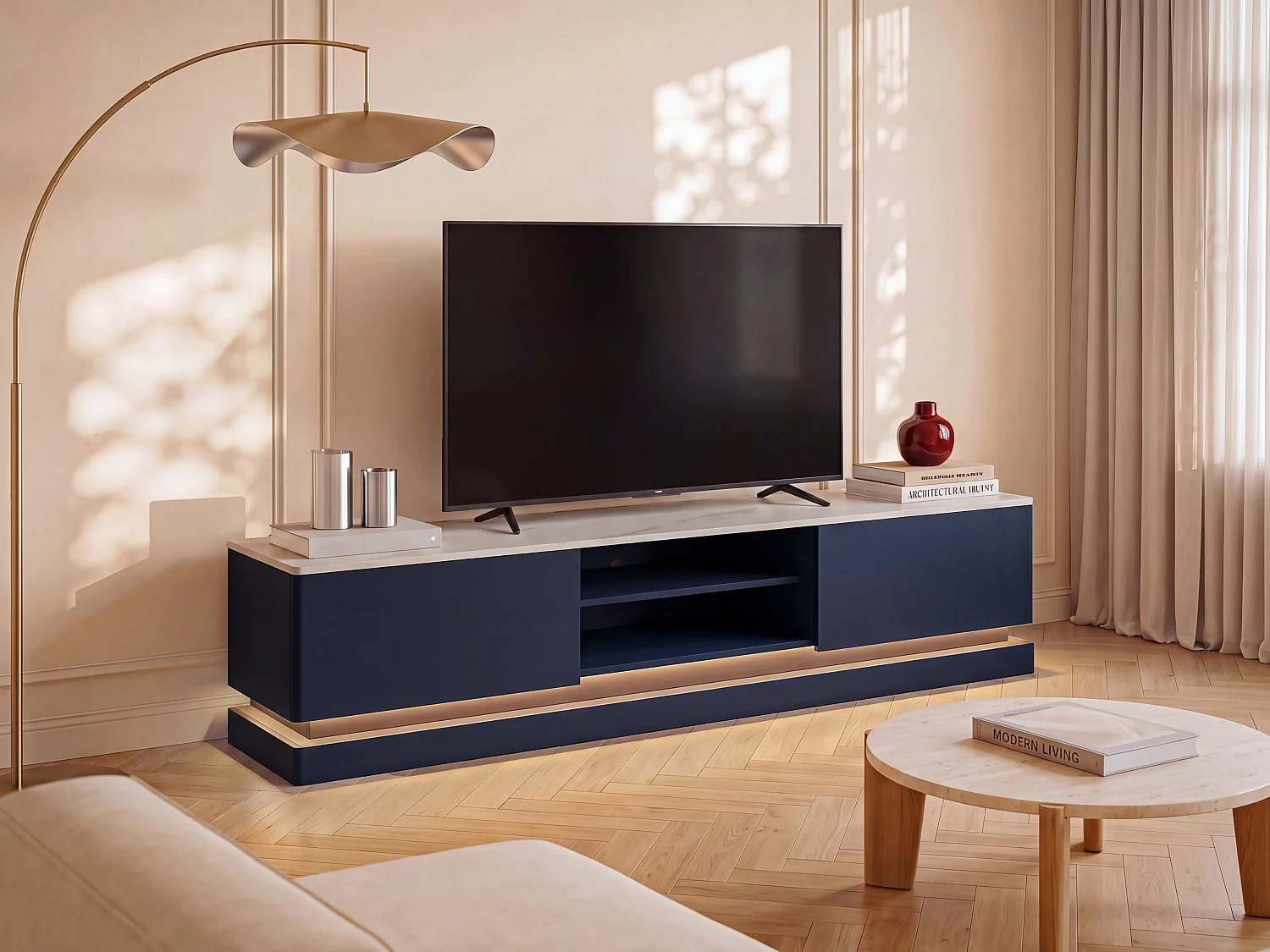 Móvel de TV 2 gavetas e 2 nichos com LEDs, MDF, azul e efeito mármore branco - DEVIKA de Pascal Morabito