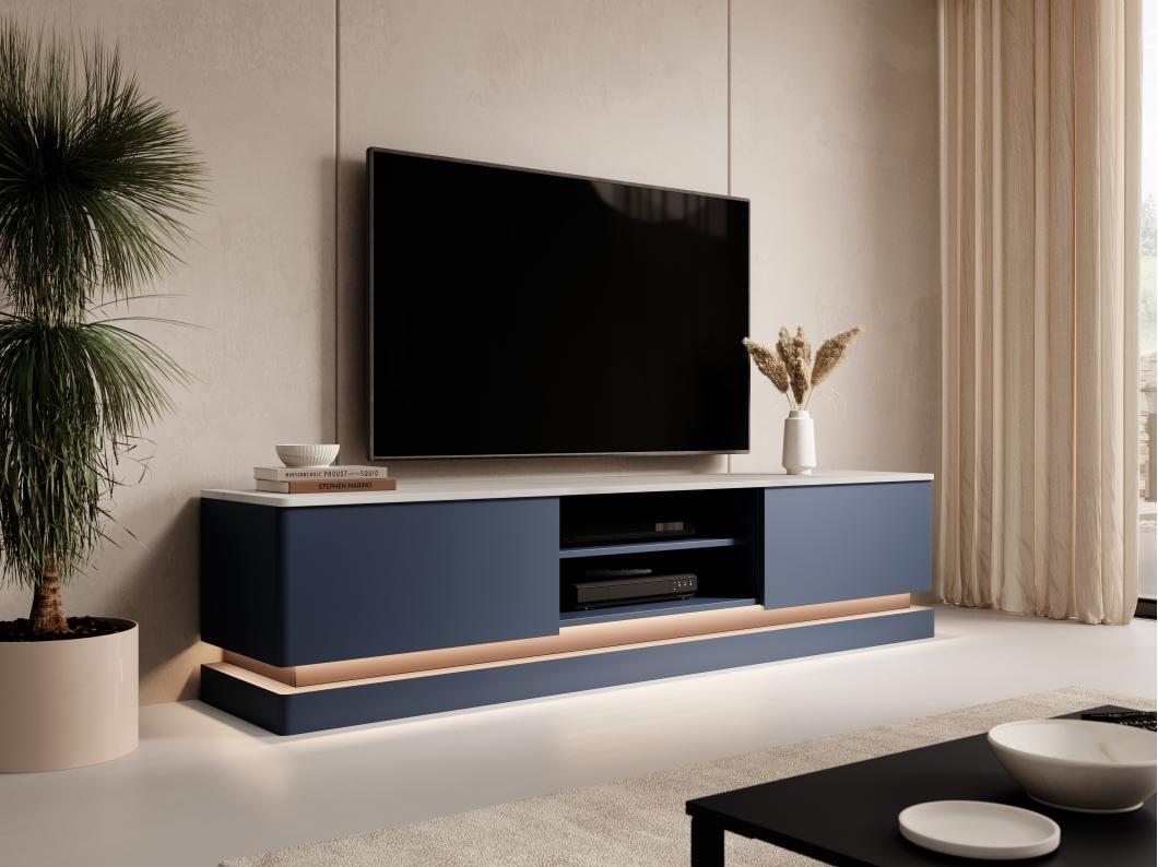 Tv-meubel met 2 lades en 2 nissen met ledverlichting - Mdf - Blauw met wit marmereffect - DEVIKA - van Pascal Morabito