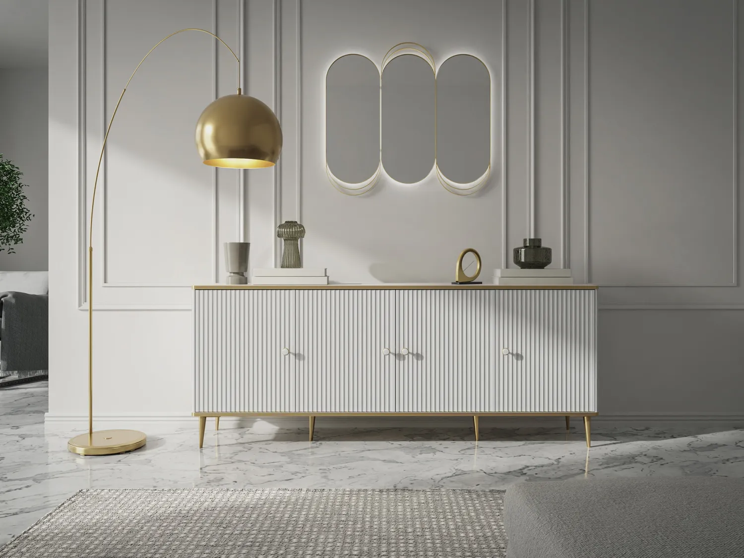 Buffet avec 4 portes en MDF et acier - Blanc et doré - SINEAD de Pascal MORABITO