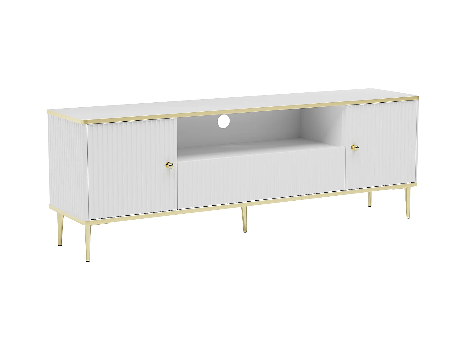 TV-Möbel - 2 Türen, 1 Schublade und 1 Ablagefach - MDF und Stahl - Weiß und Goldfarben - SINEAD von Pascal MORABITO
