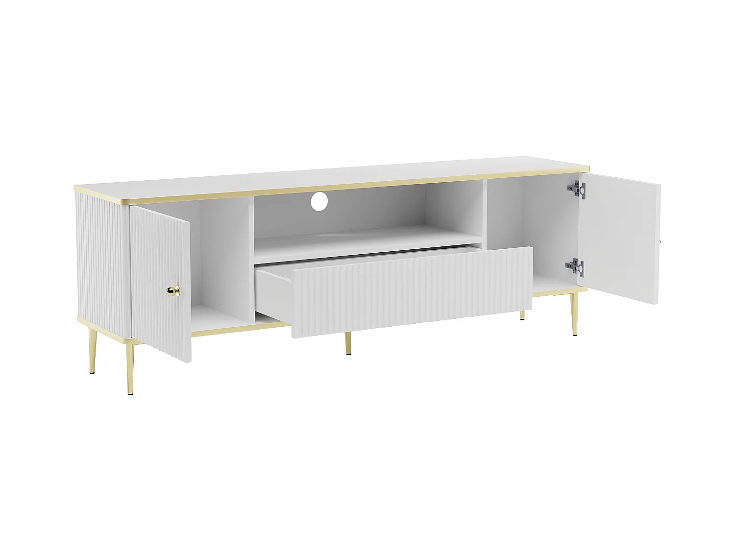 TV-Möbel - 2 Türen, 1 Schublade und 1 Ablagefach - MDF und Stahl - Weiß und Goldfarben - SINEAD von Pascal MORABITO