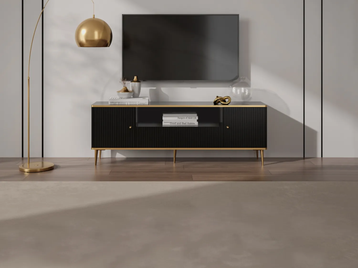 Meuble TV avec 2 portes, 1 tiroir et 1 niche en MDF et acier - Noir et doré - SINEAD de Pascal MORABITO