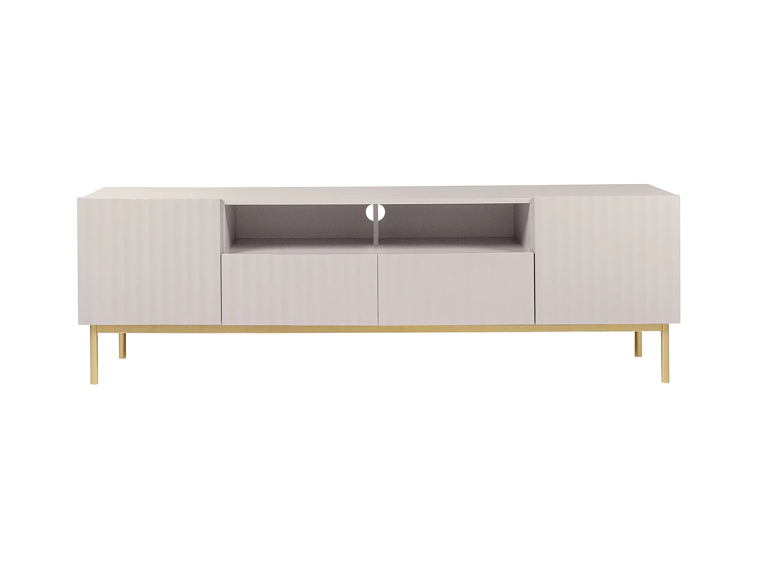 TV-Möbel - 2 Türen, 2 Schubladen und 2 Ablagefächer - MDF und Stahl - Beige und Goldfarben - EVILANA