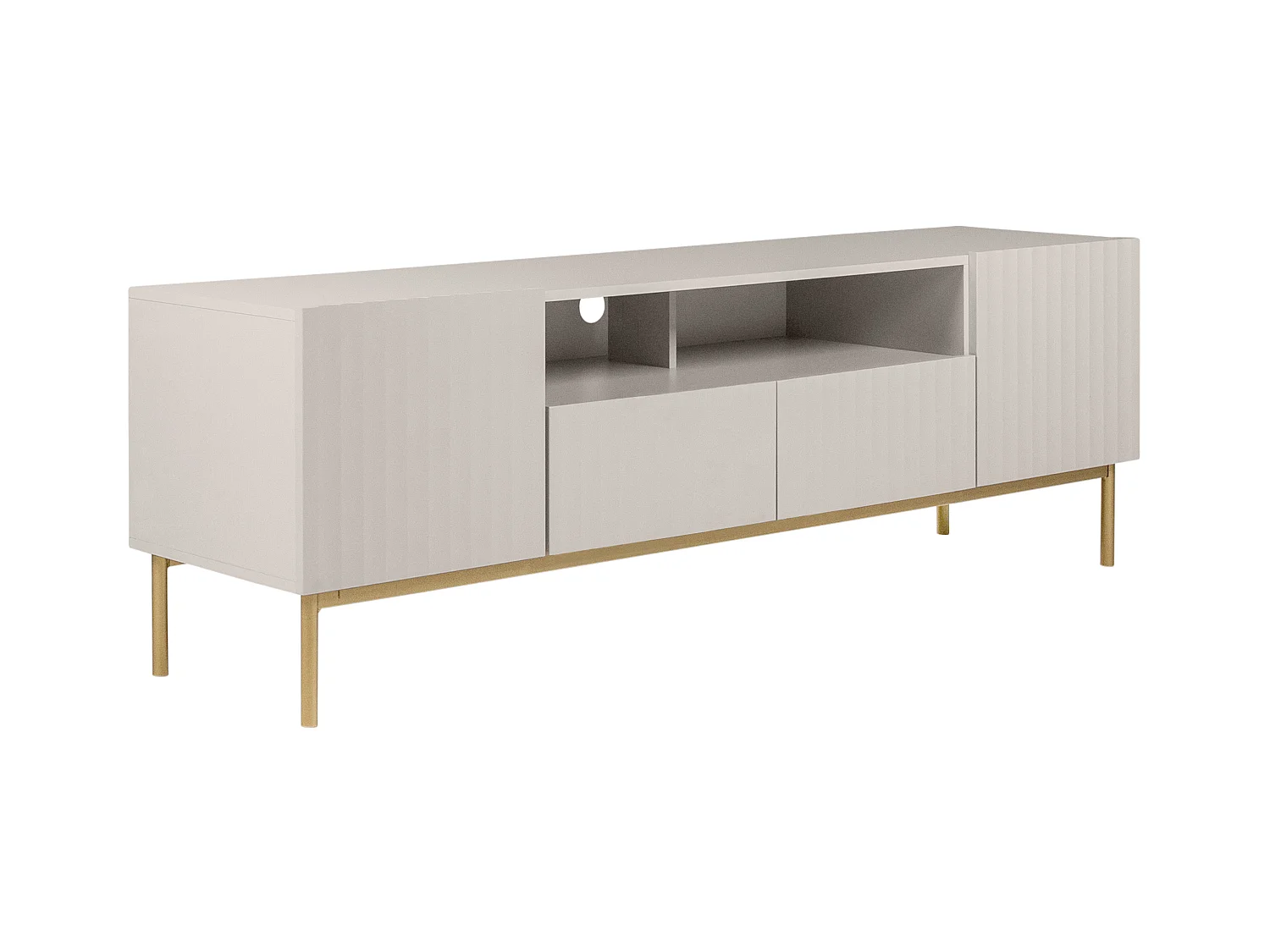 TV-Möbel - 2 Türen, 2 Schubladen und 2 Ablagefächer - MDF und Stahl - Beige und Goldfarben - EVILANA