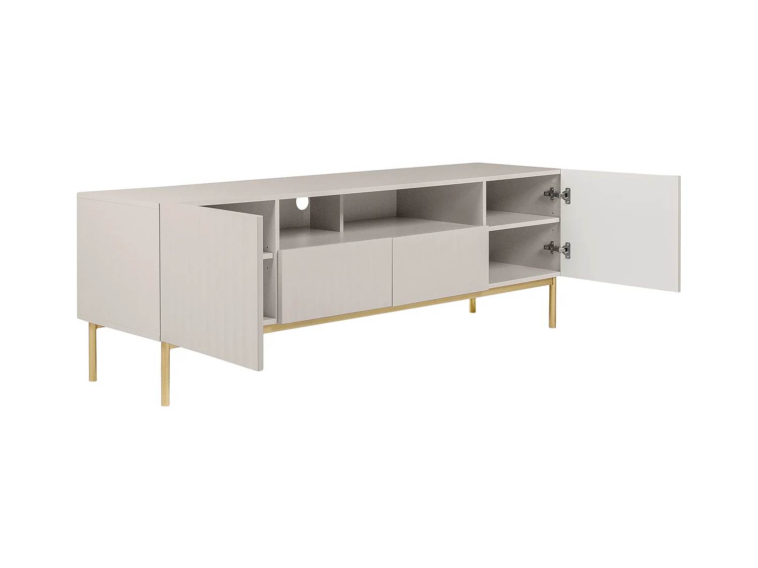 TV-Möbel - 2 Türen, 2 Schubladen und 2 Ablagefächer - MDF und Stahl - Beige und Goldfarben - EVILANA