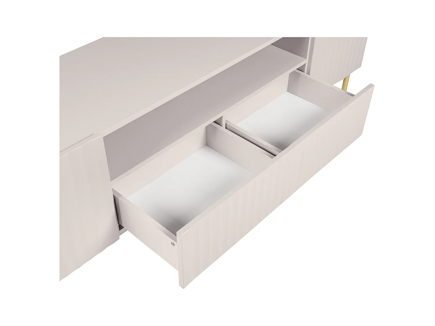 TV-Möbel - 2 Türen, 2 Schubladen und 2 Ablagefächer - MDF und Stahl - Beige und Goldfarben - EVILANA