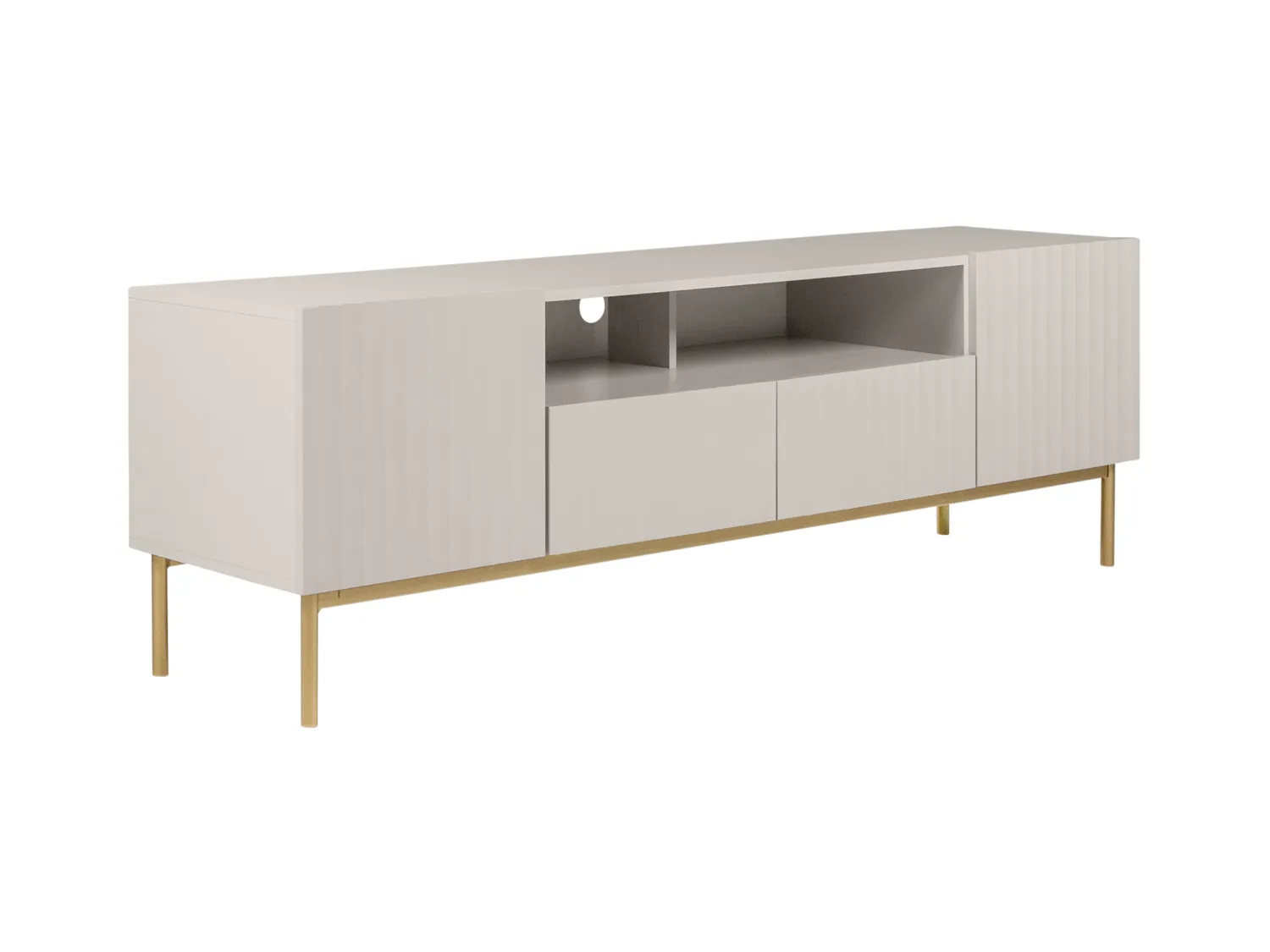 Móvel de TV com 2 portas, 2 gavetas e 2 nichos em MDF e aço bege e dourado - EVILANA