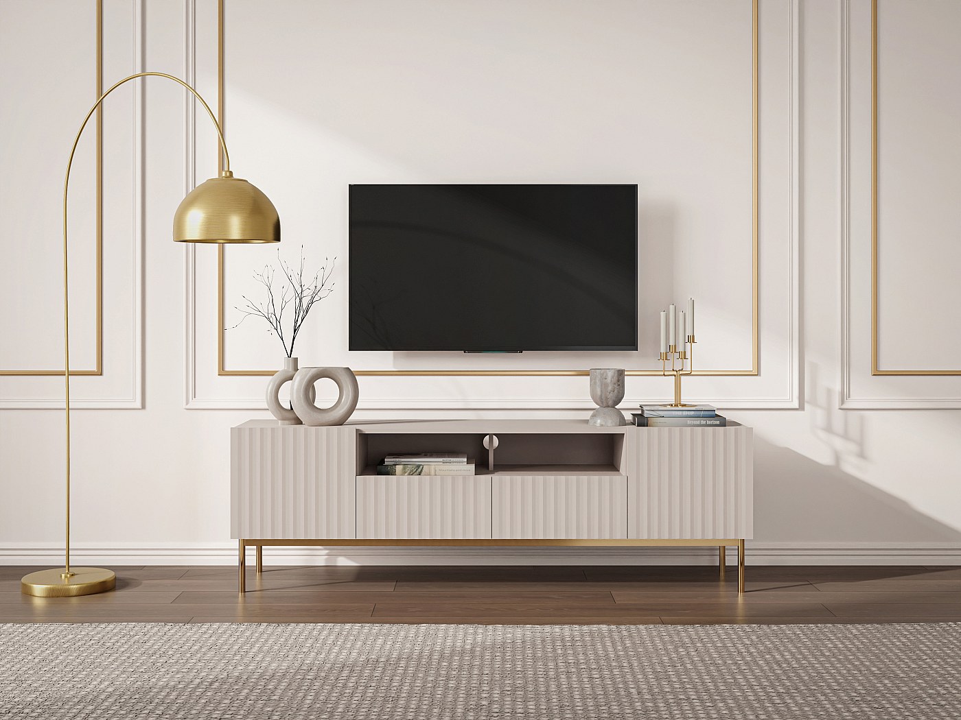 TV-meubel Met 2 Deuren, 2 Lades En 2 Nissen, Gegroefde Body In Wit Met Gouden Accenten 165x36x55cm