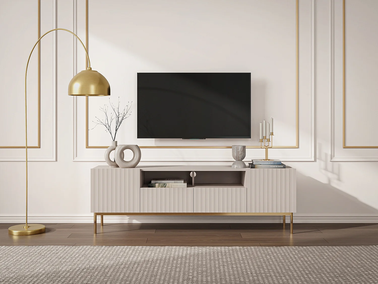 Meuble TV avec 2 portes, 2 tiroirs et 2 niches en MDF et acier - Beige et doré - EVILANA