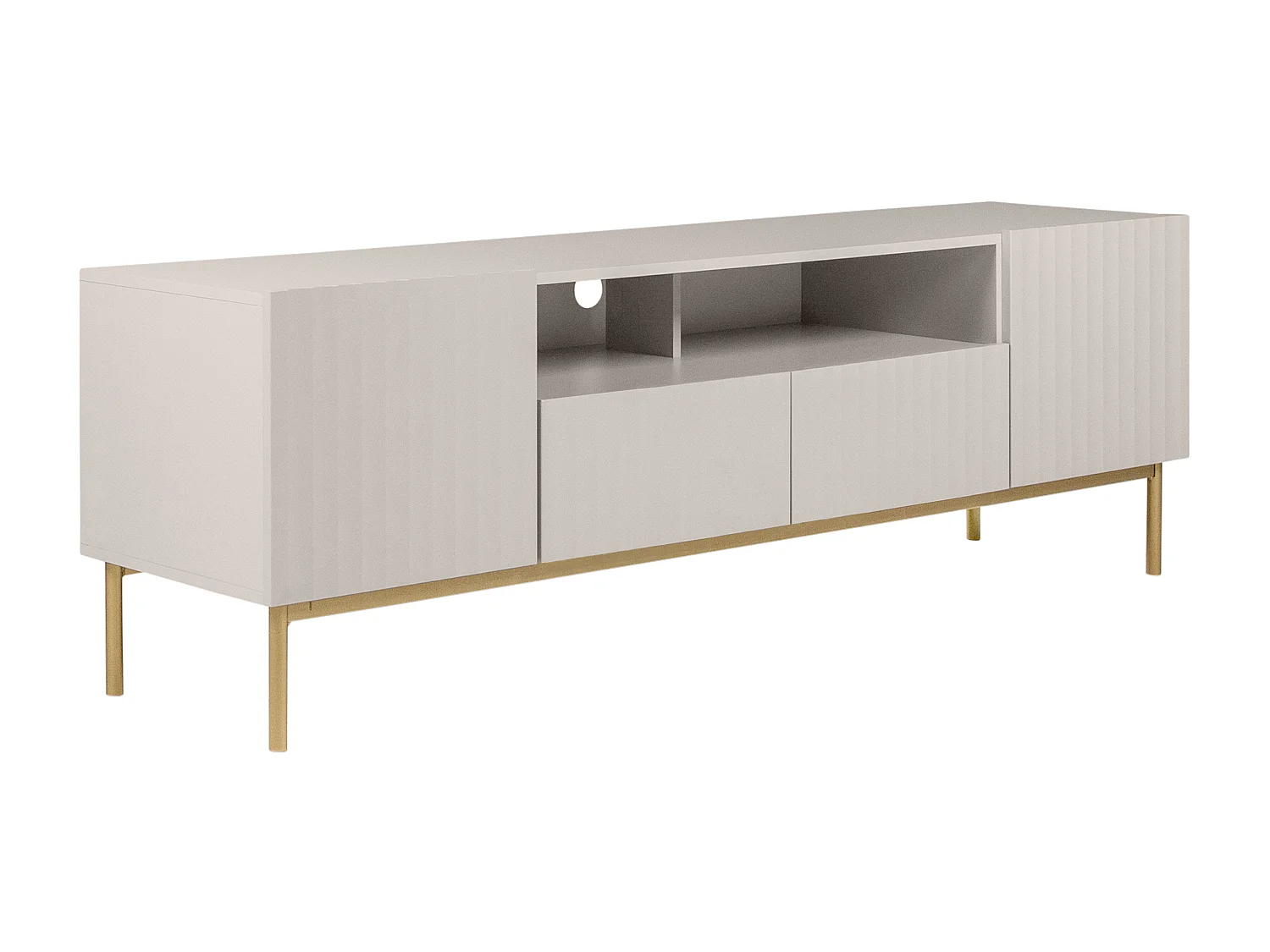Meuble TV avec 2 portes, 2 tiroirs et 2 niches en MDF et acier - Beige et doré - EVILANA