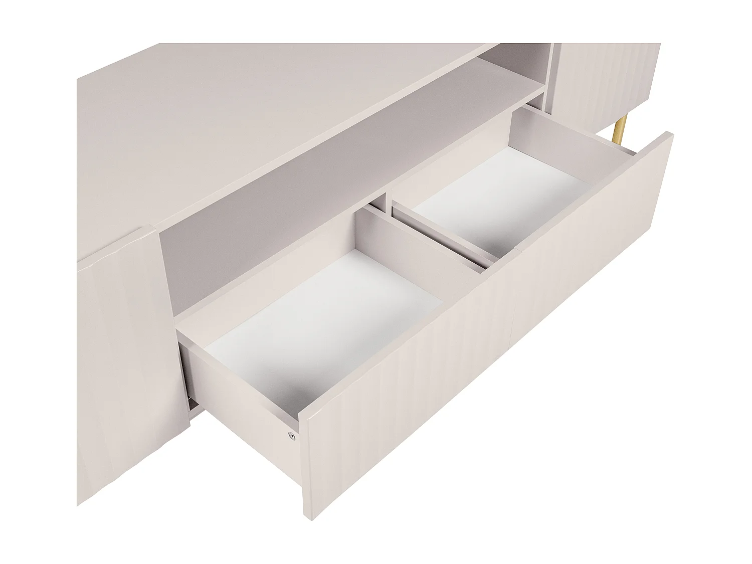 Meuble TV avec 2 portes, 2 tiroirs et 2 niches en MDF et acier - Beige et doré - EVILANA