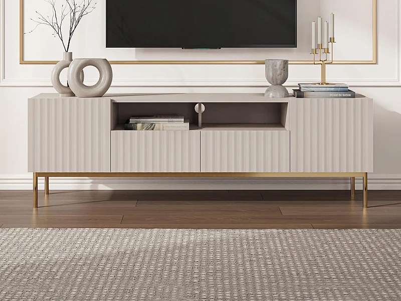 Meuble TV avec 2 portes, 2 tiroirs et 2 niches en MDF et acier - Beige et doré - EVILANA
