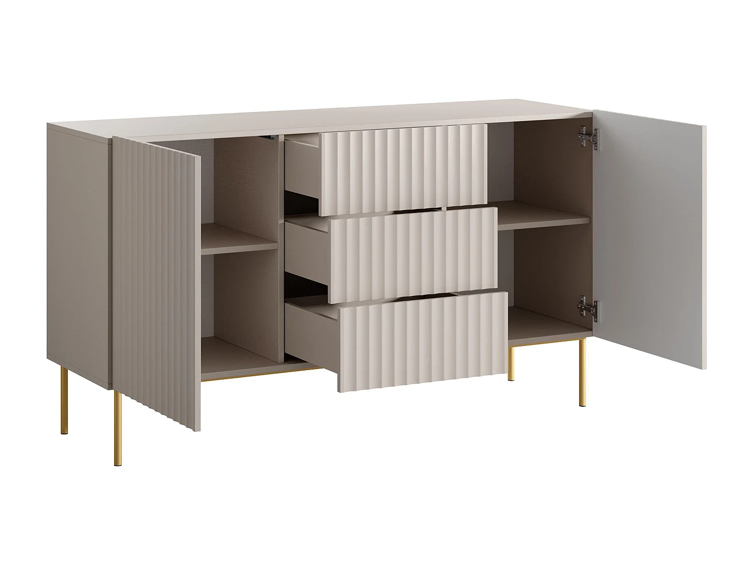 Buffet avec 2 portes et 3 tiroirs en MDF et acier - Beige et doré - EVILANA