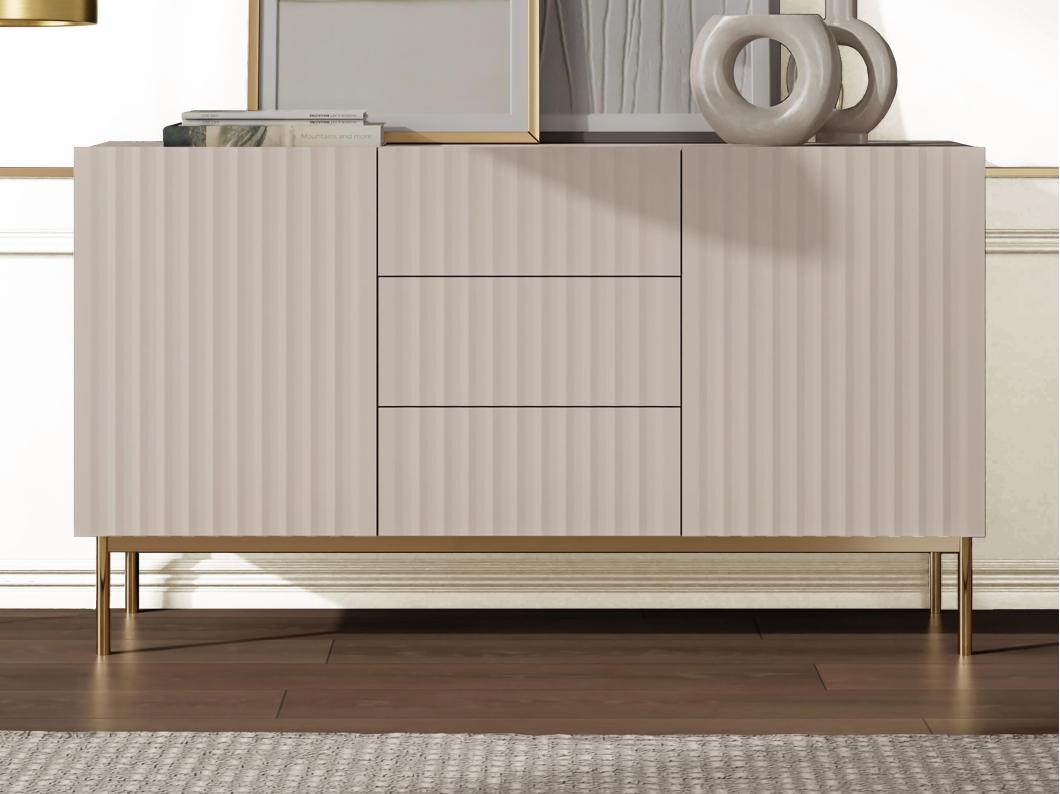 Credenza con 2 ante e 3 cassetti in MDF e Acciaio Beige e Dorato - EVILANA