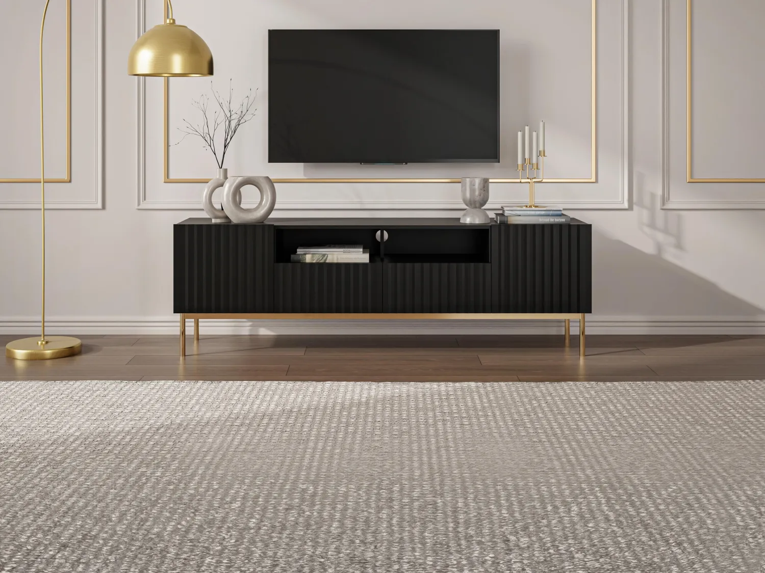 TV-Möbel - 2 Türen, 2 Schubladen und 2 Ablagefächer - MDF und Stahl - Schwarz und Goldfarben - EVILANA