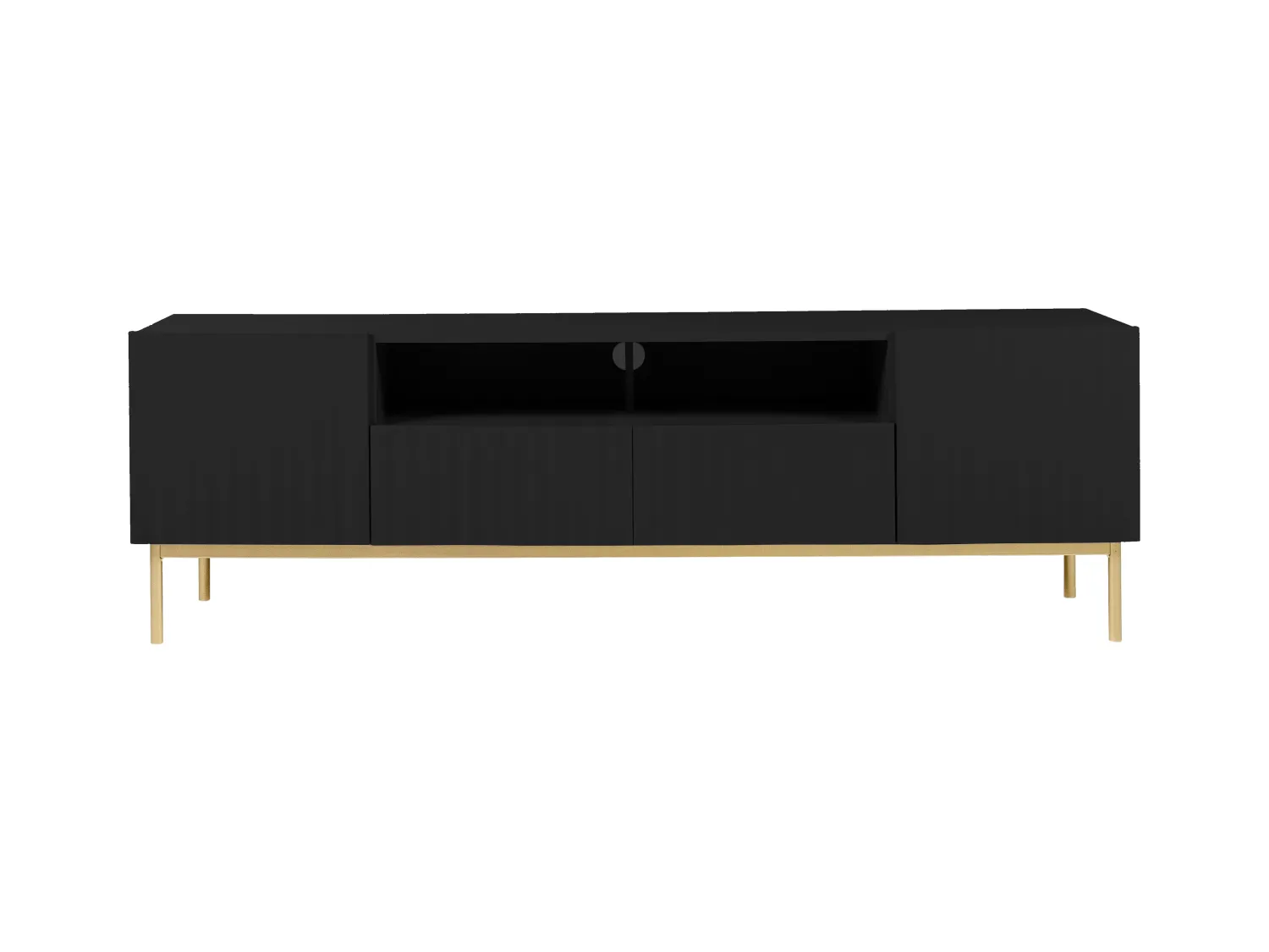 Meuble TV avec 2 portes, 2 tiroirs et 2 niches en MDF et acier - Noir et doré - EVILANA