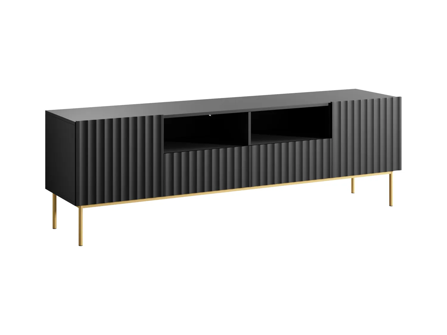 Meuble TV avec 2 portes, 2 tiroirs et 2 niches en MDF et acier - Noir et doré - EVILANA