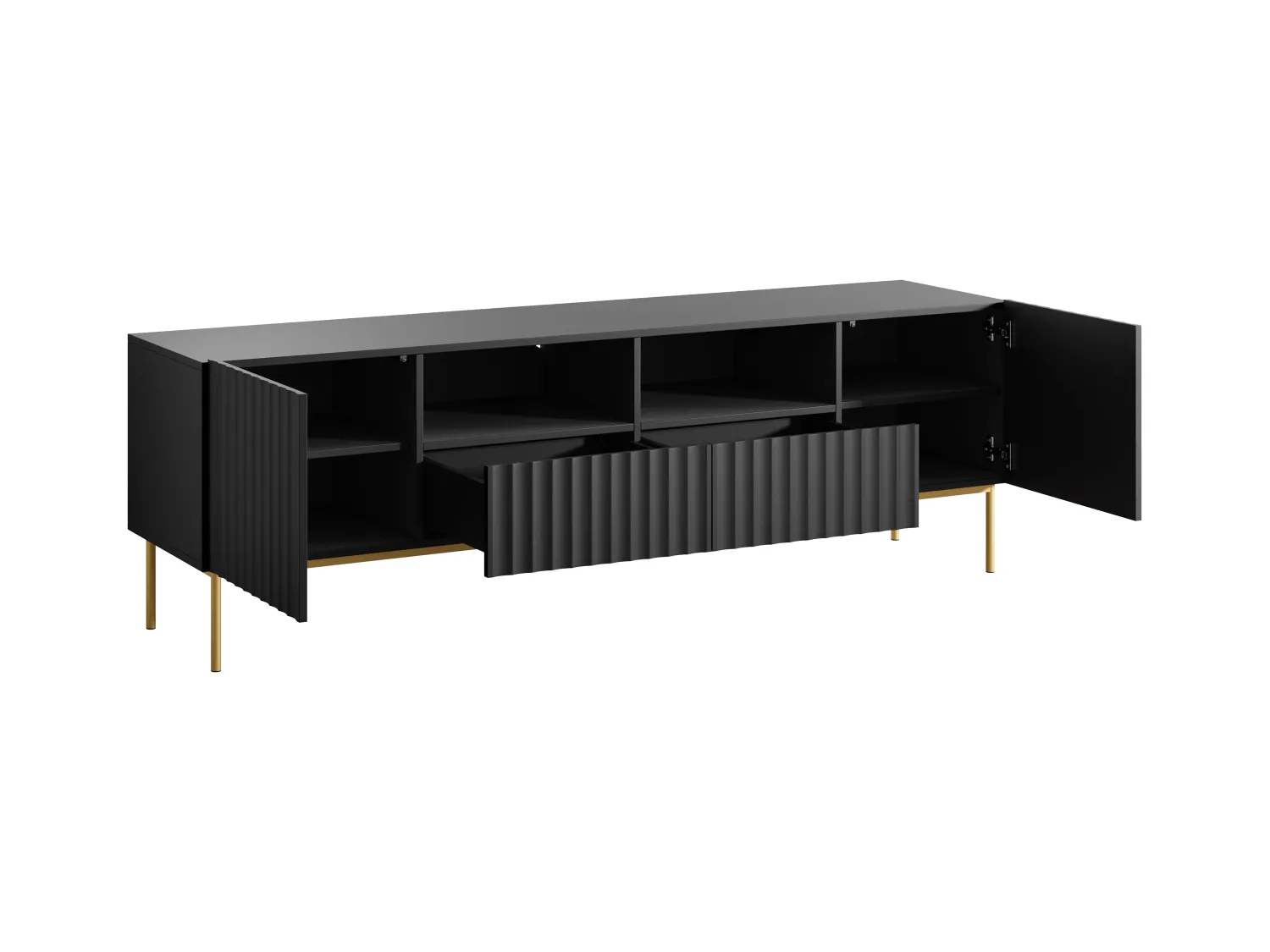 Meuble TV avec 2 portes, 2 tiroirs et 2 niches en MDF et acier - Noir et doré - EVILANA