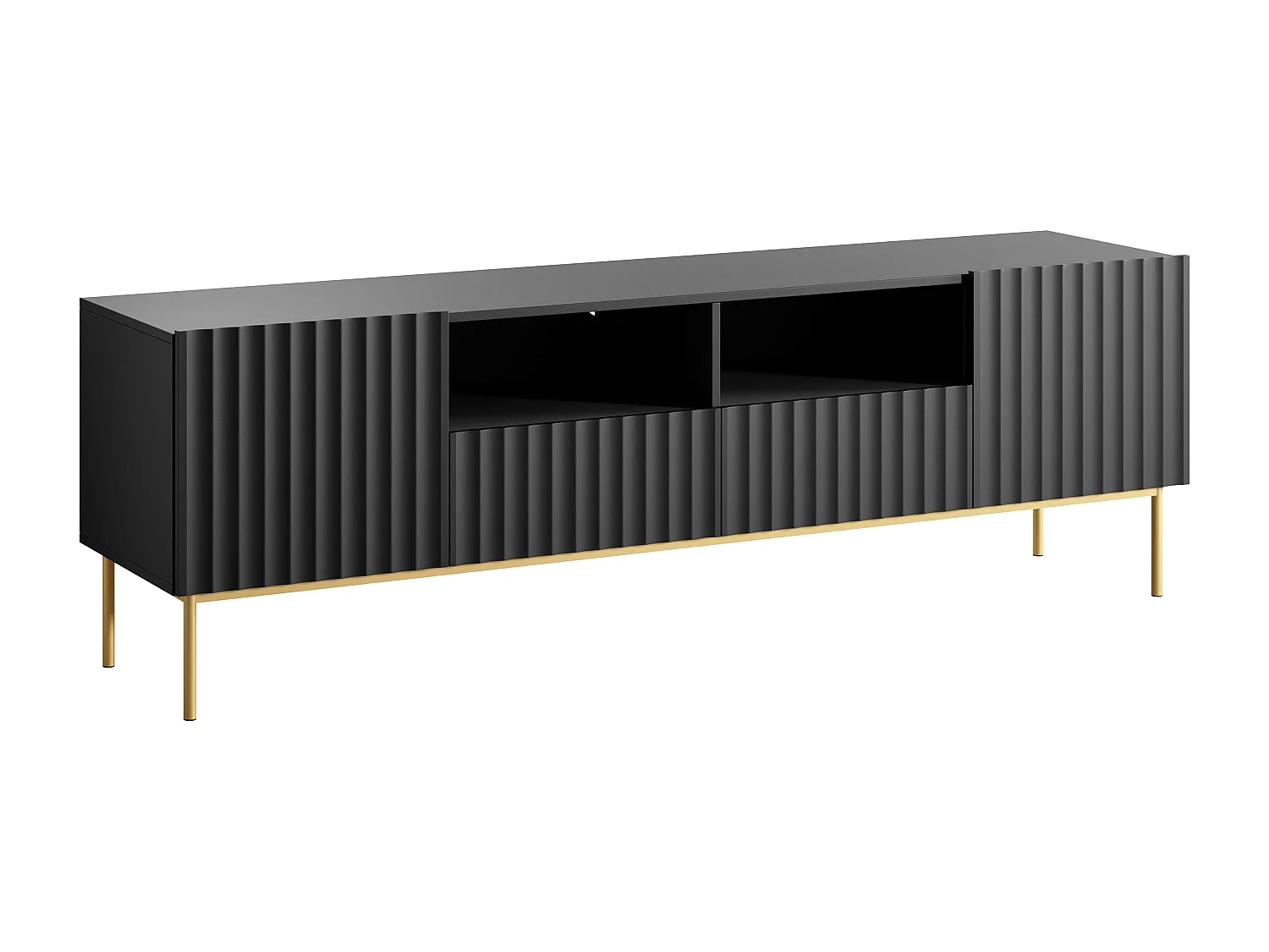 Meuble TV avec 2 portes, 2 tiroirs et 2 niches en MDF et acier - Noir et doré - EVILANA