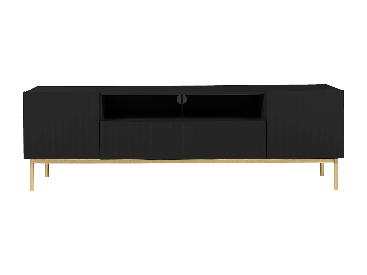 Meuble TV avec 2 portes, 2 tiroirs et 2 niches en MDF et acier - Noir et doré - EVILANA