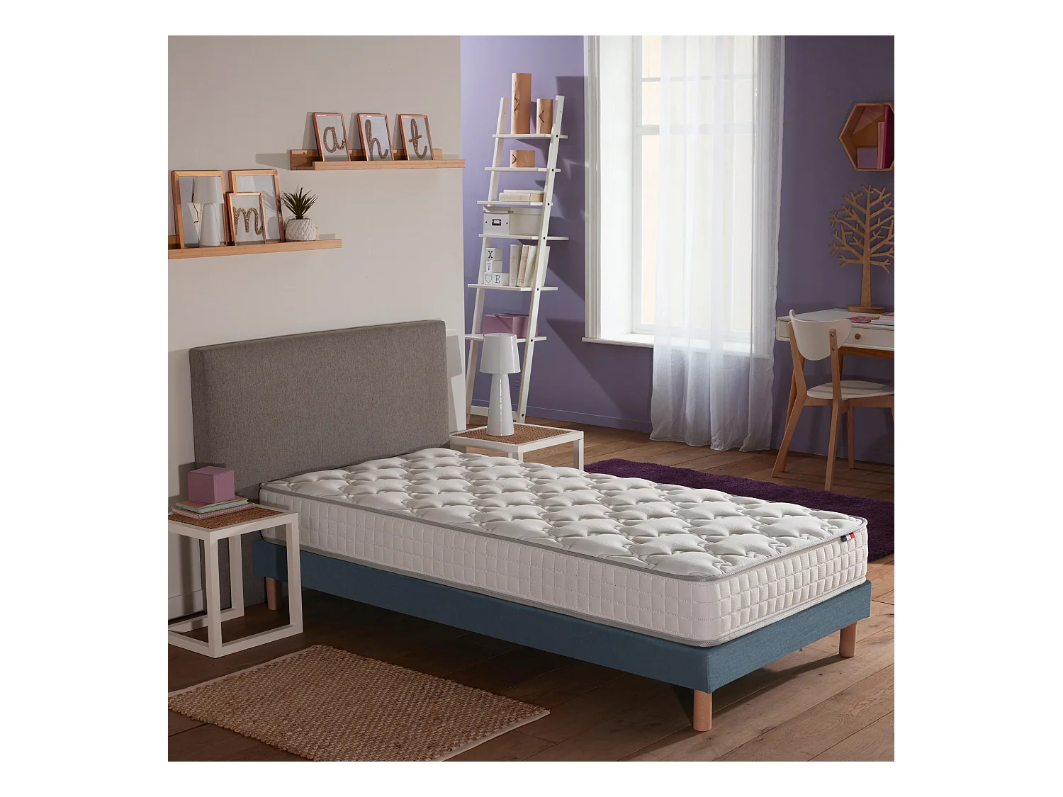 Ensemble matelas à ressorts 5 zones ÉTOILE avec sommier - confort français Dimensions - 90 x 190 cm, Sommier - Bleu denim
