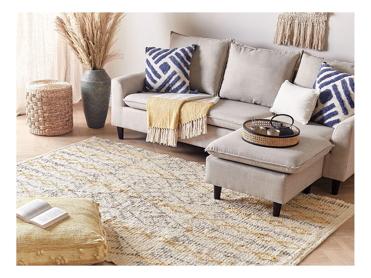 Teppich Baumwolle mit Muster beige / gelb 140 x 200 cm rechteckig Boho Kadapa