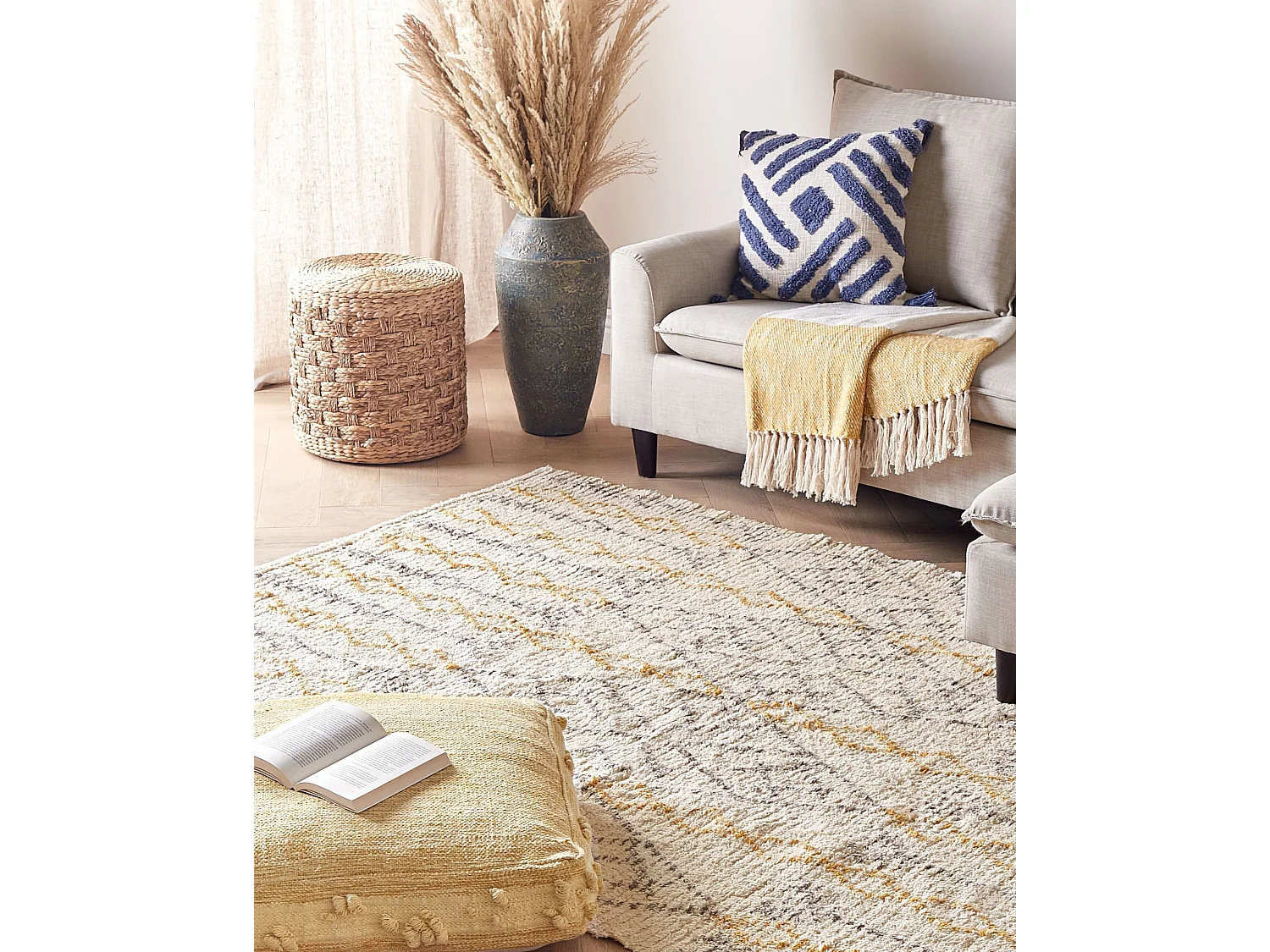 Teppich Baumwolle mit Muster beige / gelb 160 x 230 cm rechteckig Boho Kadapa