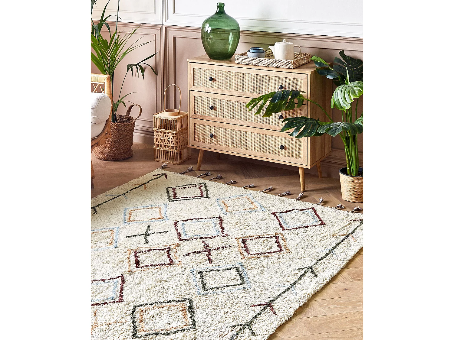 Alfombra de algodón beige claro/marrón claro/verde oscuro 140 x 200 cm CORUM