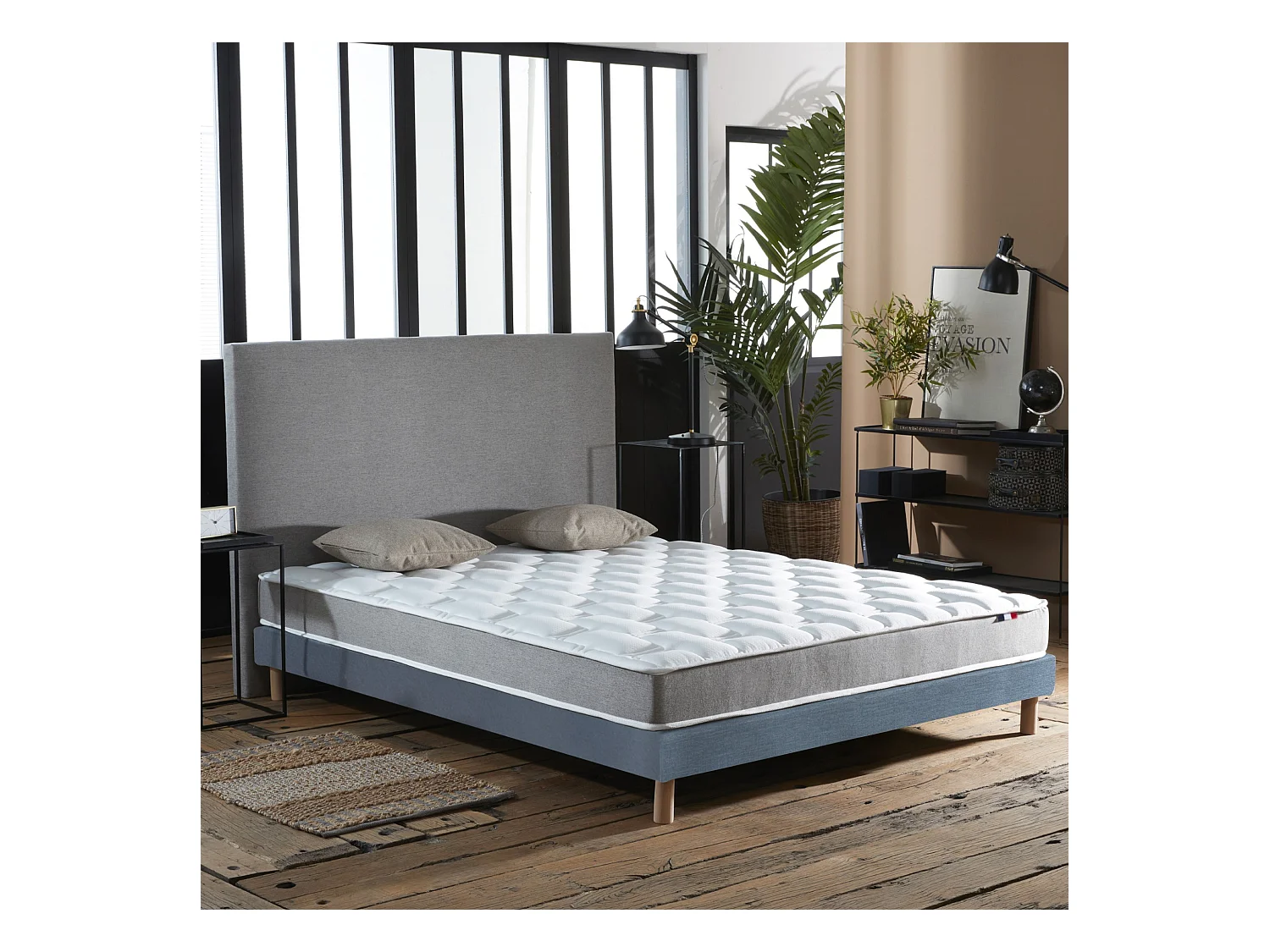 Ensemble matelas mousse haute résilience CIRRUS avec sommier - confort français Dimensions - 140 x 190 cm, Sommier - Bleu denim
