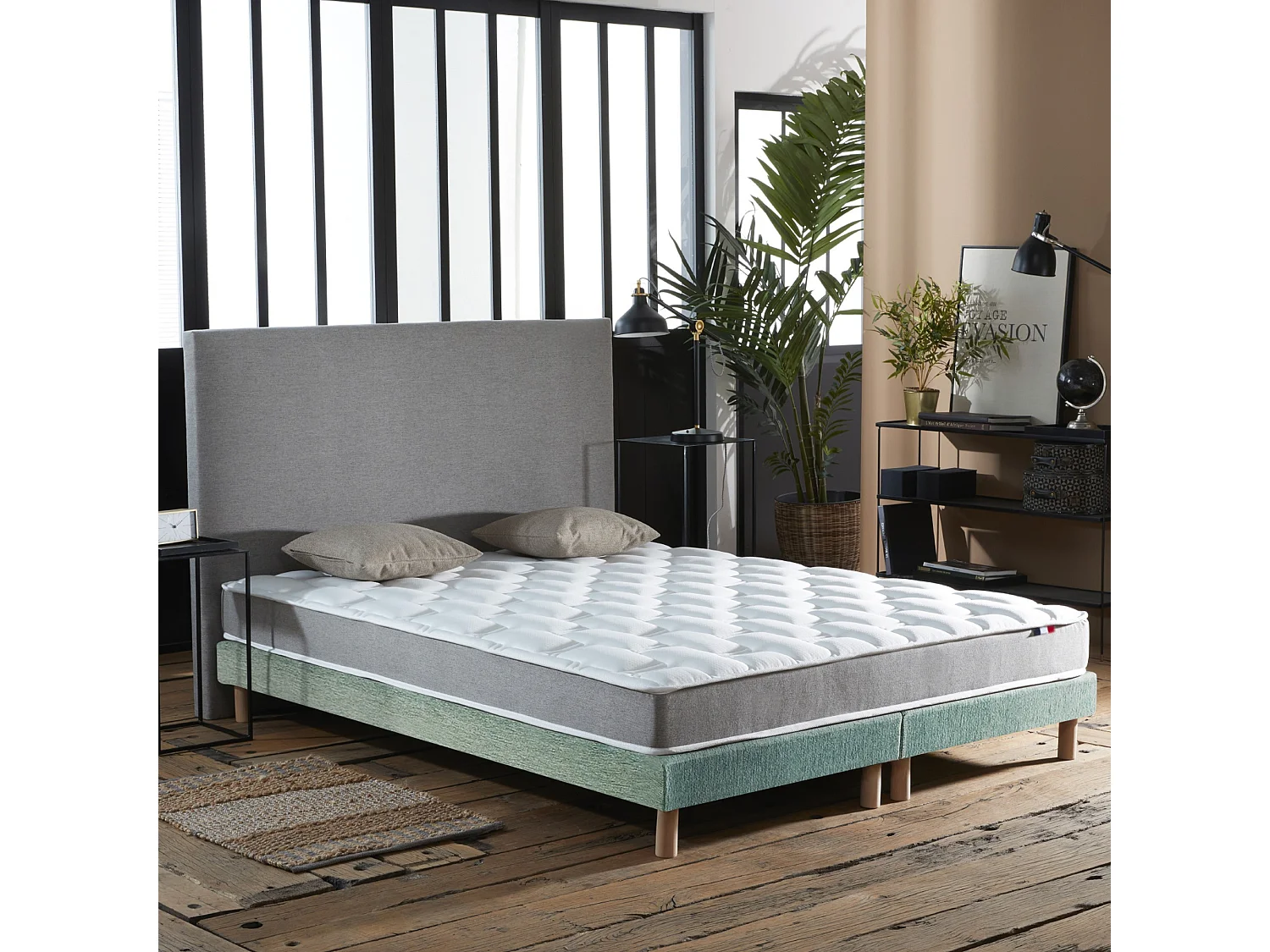 Ensemble matelas mousse haute résilience CIRRUS avec sommier - confort français Dimensions - 2x80 x 200 cm, Sommier - Vert celadon
