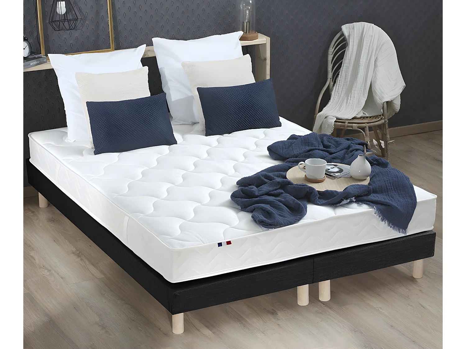 Ensemble Matelas 100% latex 3 zones ESSENTIEL + Sommier - Fabriqué en France Dimensions - 2x80 x 200 cm, Sommier - Noir