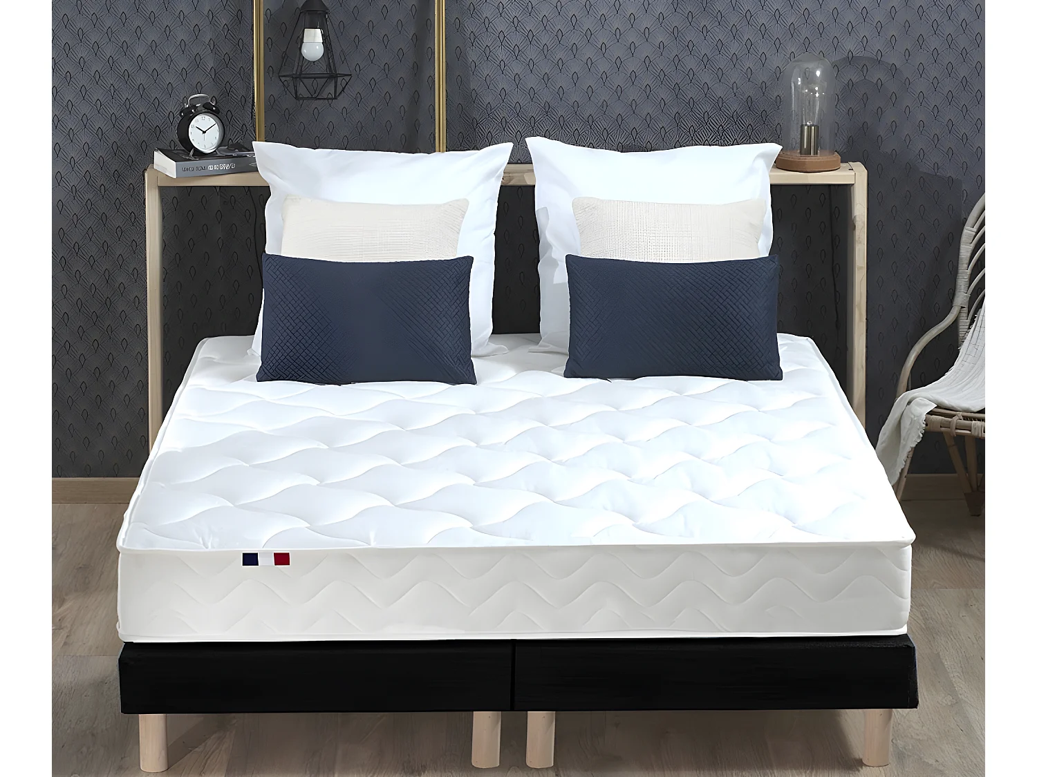 Ensemble Matelas 100% latex 3 zones ESSENTIEL + Sommier - Fabriqué en France Dimensions - 2x80 x 200 cm, Sommier - Noir