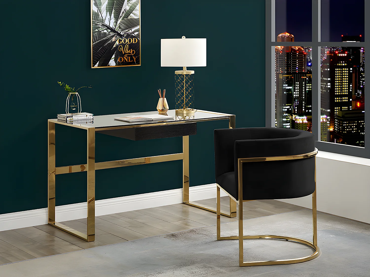 Lot de 6 chaises avec accoudoirs - Velours et acier inoxydable - Noir et doré - PERIA de Pascal MORABITO