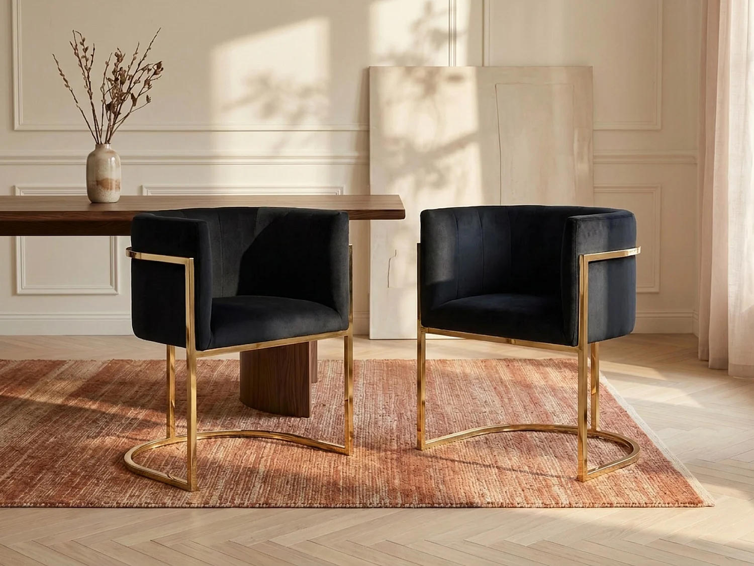 Lot de 6 chaises avec accoudoirs - Velours et acier inoxydable - Noir et doré - PERIA