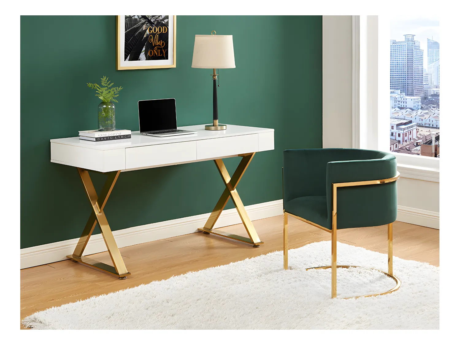 Lot de 6 chaises avec accoudoirs - Velours et acier inoxydable - Vert et doré - PERIA de Pascal MORABITO