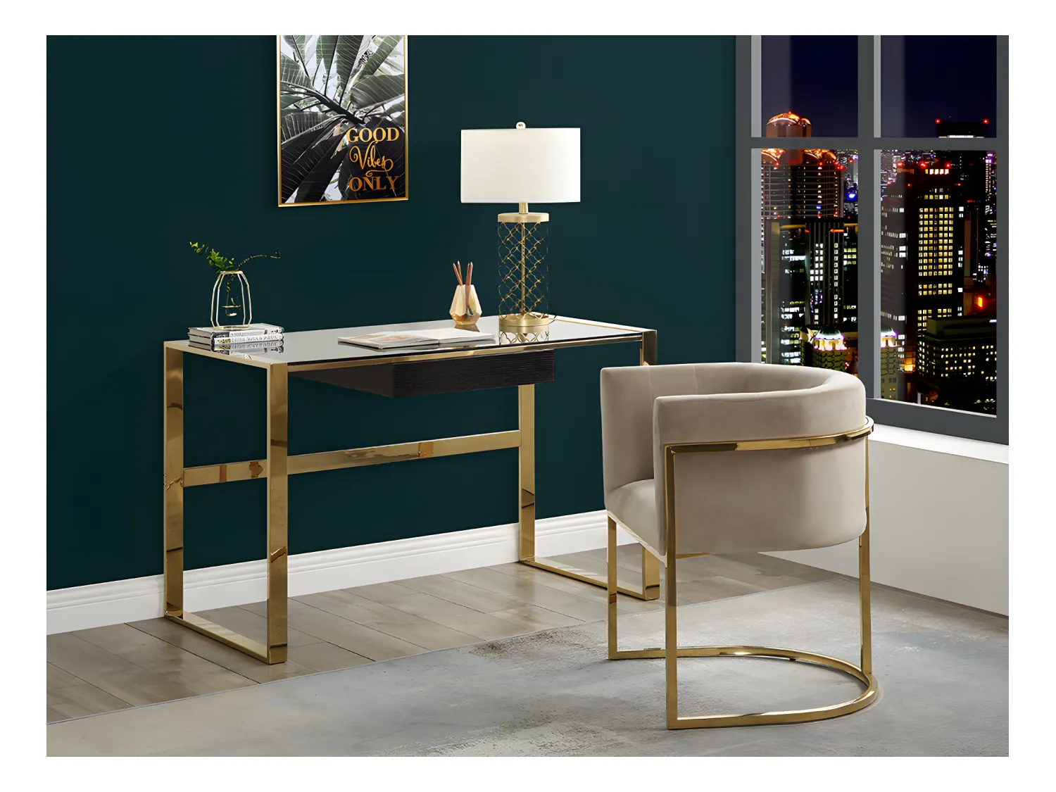 Set van 6 stoelen met armleuningen - Velours en roestvrij staal - Beige en goudkleurig - PERIA - van Pascal Morabito