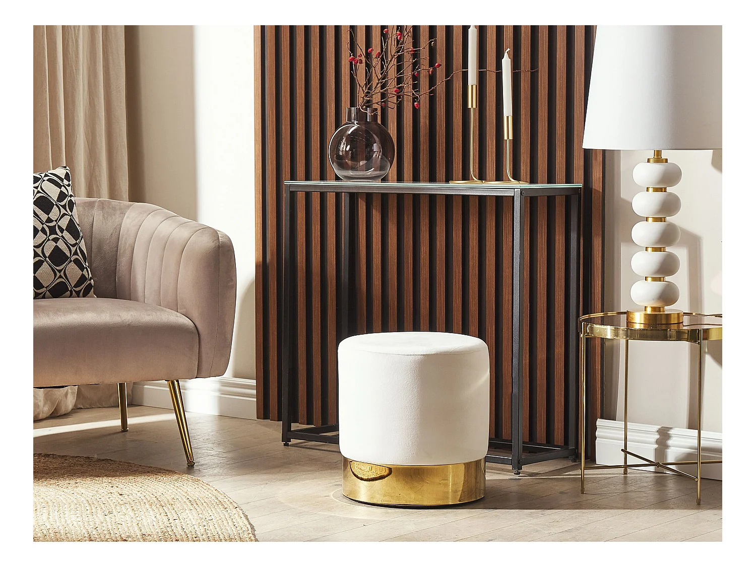 Runder Polster Pouf aus Samt weiß Ottomane Sitzpouf Modern Barock Sophia